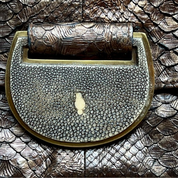R&Y Augousti Metallic Bronze Snakeskin Clutch w Shagreen/Brass Details - Picture 2 of 8